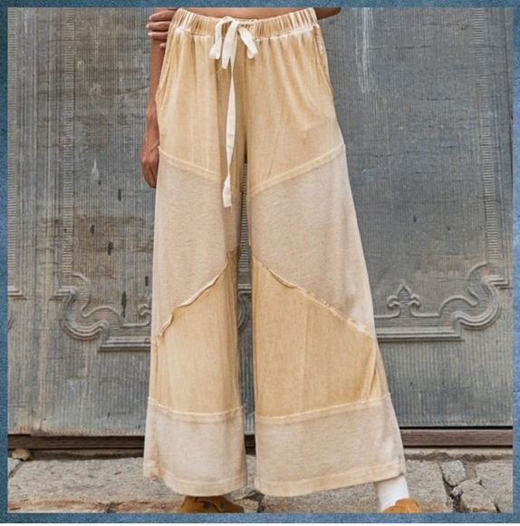 POL Wide Leg Pull-on Wide Leg Pants Drawstring Waist Raw Seams Coastal Boho M/L - Picture 3 of 11